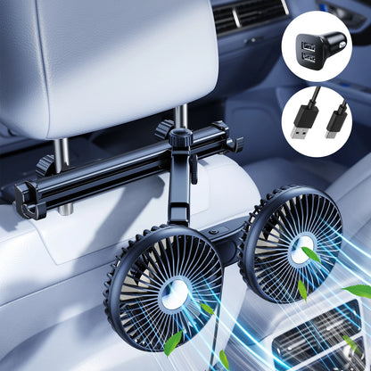 Eary Car Dual Head Fan Mount for Back Seat Headrest Air Cooler Fan With 2 Hooks Long Arm Adjustable 3 Speeds For Truck SUV Sedan