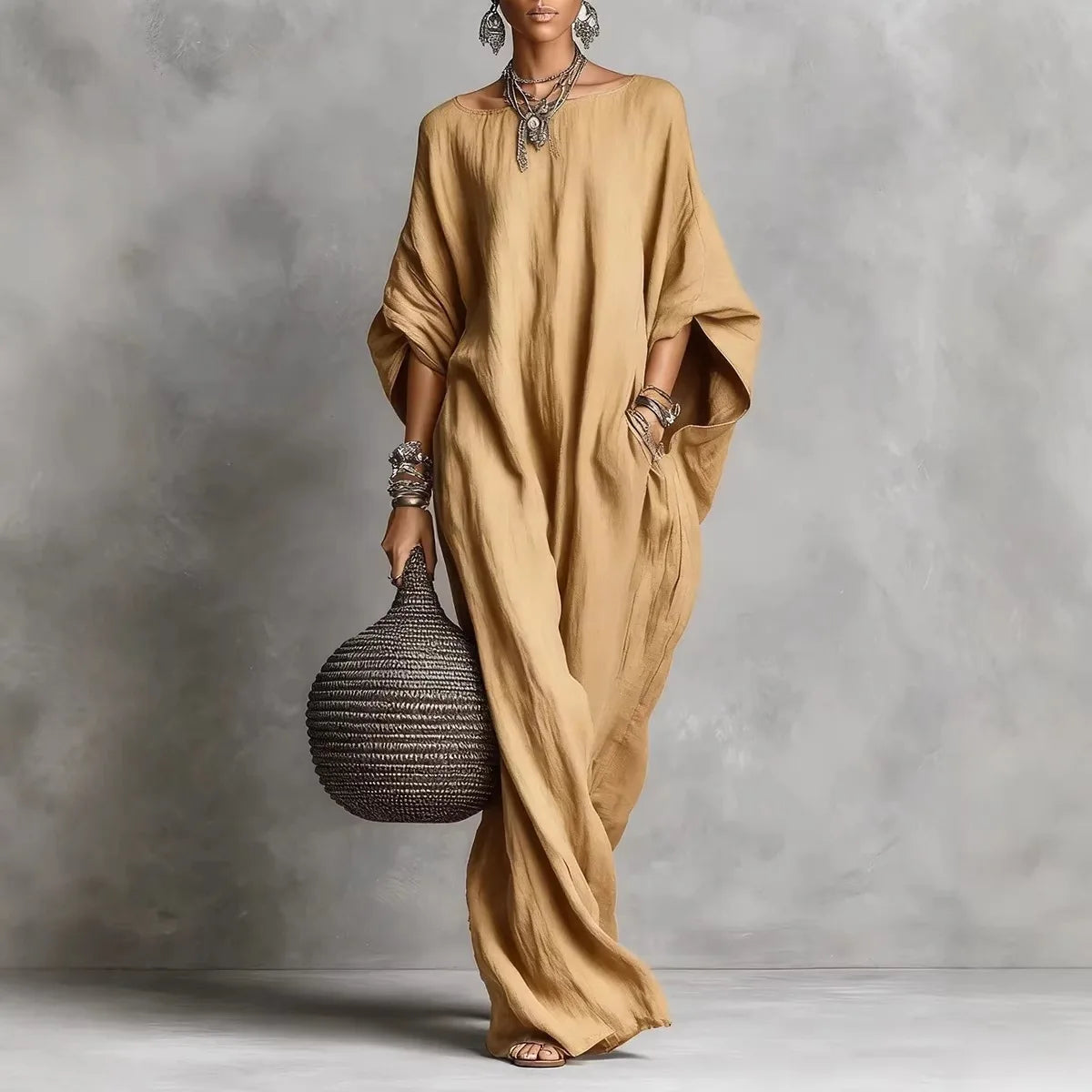 2026 cross-border women's clothing European and American solid color temperament long-sleeved one-line collar long casual dress