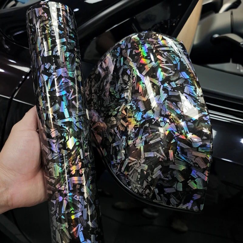 High Gloss Forged Laser Rainbow Carbon Fiber Silver Car Carbon Film Black Vinyl Wrap Tuning Auto Accessories Sticker for Car