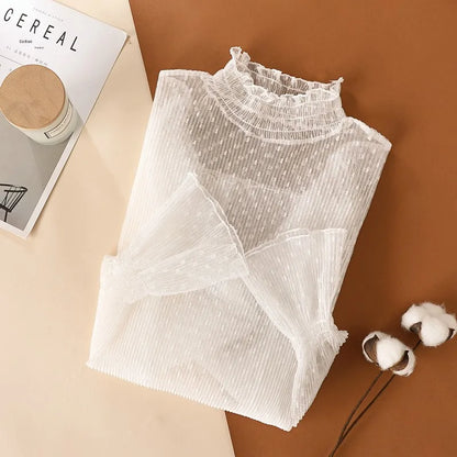 Elegant High Collar Lace Base Shirt Women's Long Sleeve Autumn Winter Fashion Inner Wear Polka Dot Mesh Top Straight Cut Holl...