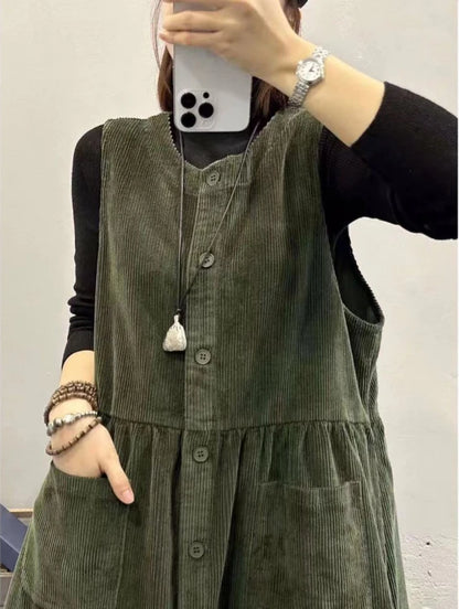 Retro Korean Style Corduroy Dress with Pockets Autumn Winter Loose Slimming Long Dress for Women Casual A-Line Skirt