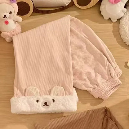 Cute Bear Hooded Zipper Jacket Sweatshirt Set Long Sleeve Autumn Winter Outfit Straight Leg Pants Medium Length Skirt