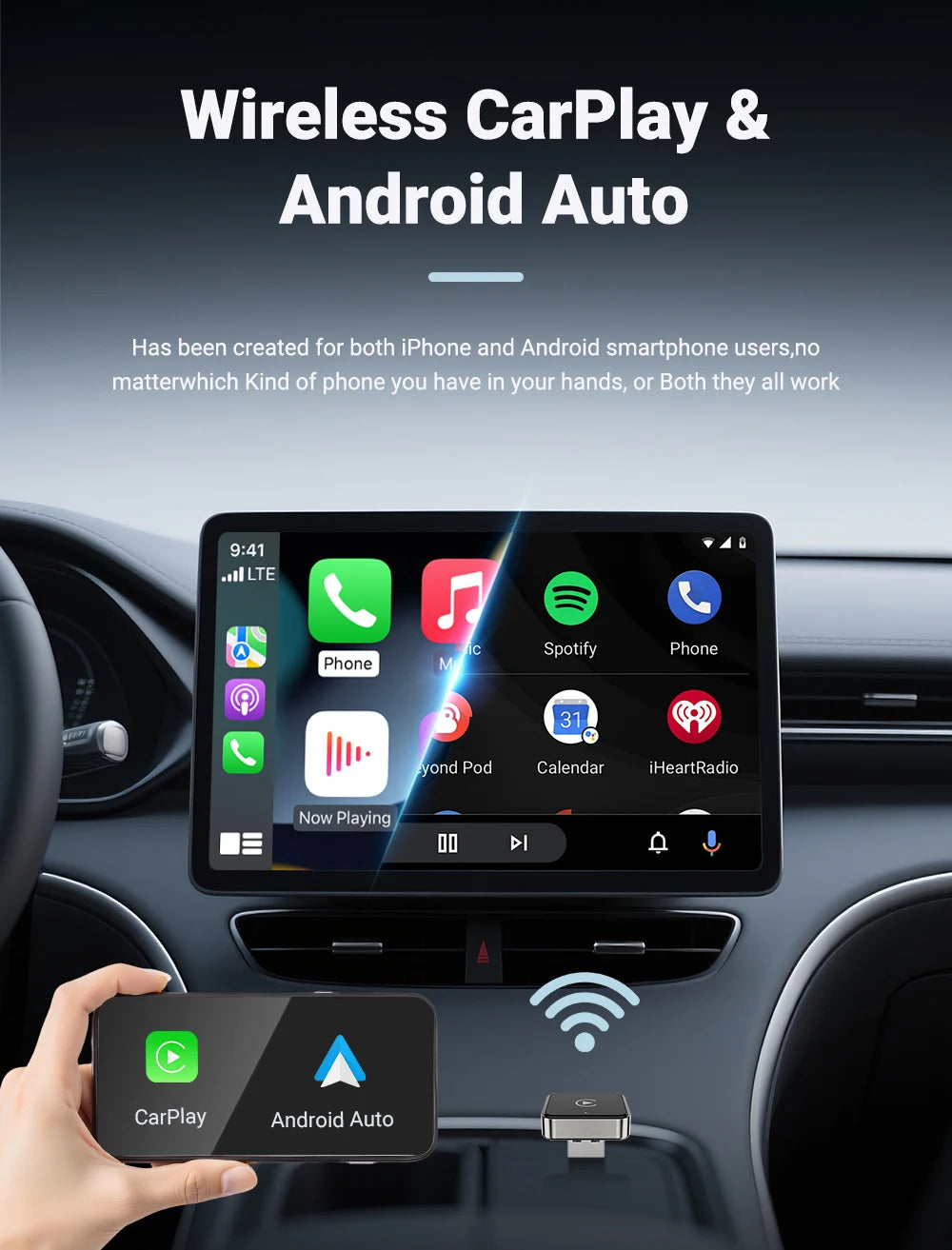 Wireless CarPlay Android 2026 New Smart Auto Adapter Hassle-Free Plug&Play Stable BT WiFi Connect OTA Upgradable Fit 99% Vehicle