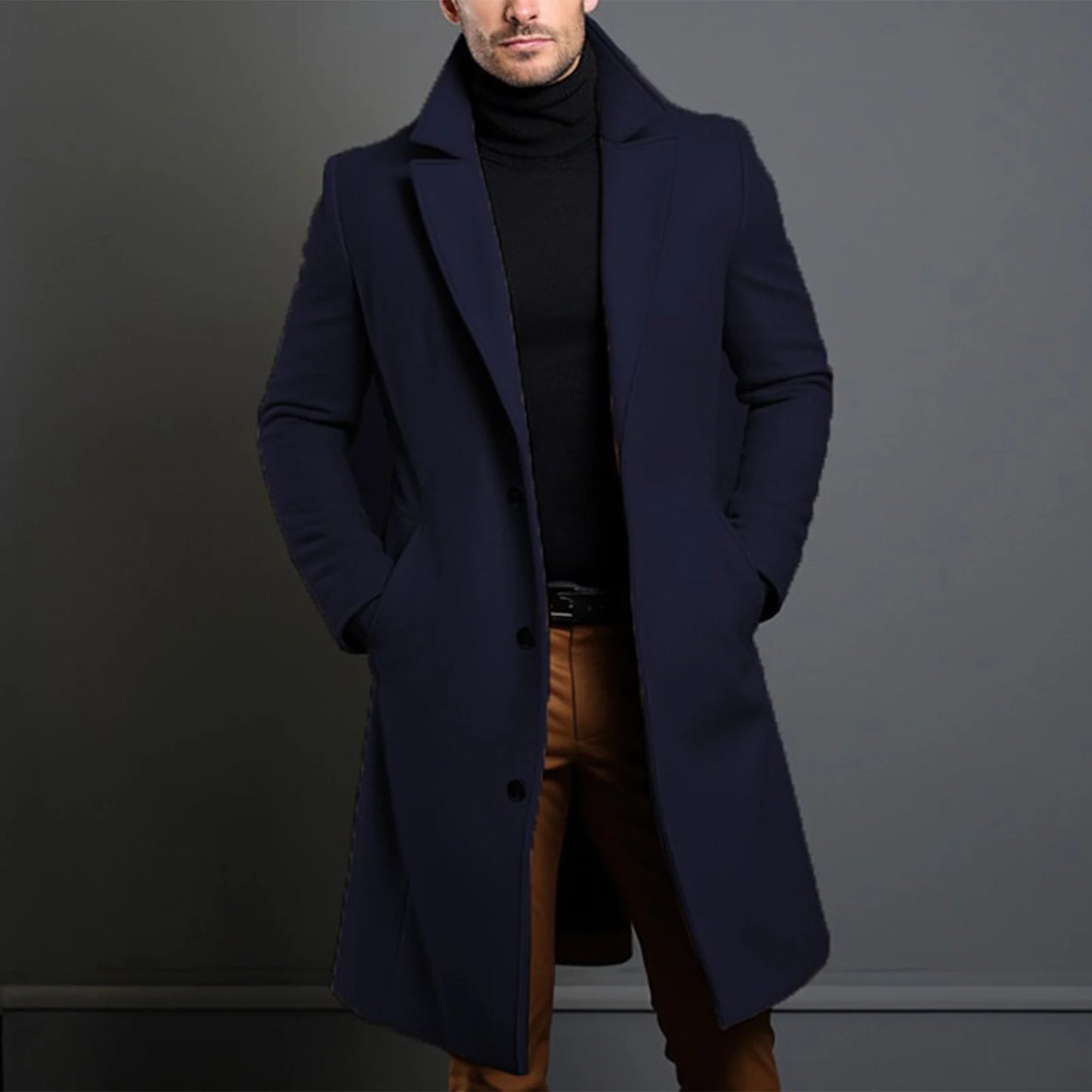 Men Elegant Long Trench Overcoat Single-breasted Windproof Trench Coat for Jeans Sweater Boots Matching