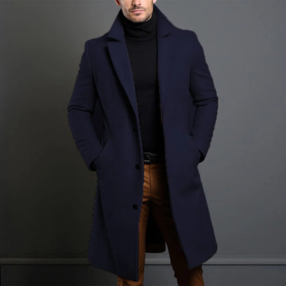 Men Elegant Long Trench Overcoat Single-breasted Windproof Trench Coat for Jeans Sweater Boots Matching