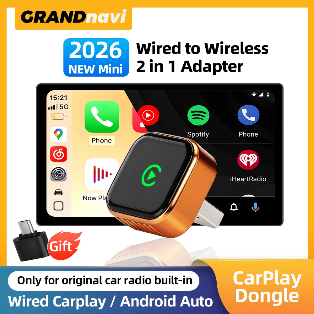 CarPlay Wireless Orange Adapter 2026 New Plug & Play Auto Connect No Delay Converts Wired to Wireless iPhone & Android