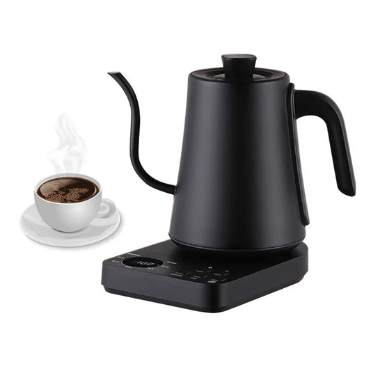 1000ml gooseneck electric coffee maker, stainless steel, with thermostat control, suitable for home use.