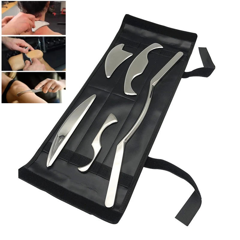 5 in 1 Stainless Gua Sha Muscle Scraper Tools Set Physical Therapy, IASTM Tools,Guasha Tools for Tissue Massage with Storage Bag