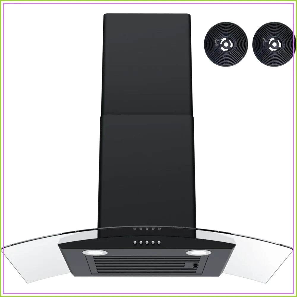 30 inch Wall Mount Range Hood, 400CFM, 3 Speed Fan, Tempered Glass, Push Button Controls, LED Lighting, Stainless Steel, Includes 2 Charcoal Filters