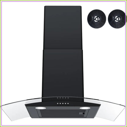 30 inch Wall Mount Range Hood, 400CFM, 3 Speed Fan, Tempered Glass, Push Button Controls, LED Lighting, Stainless Steel, Includes 2 Charcoal Filters