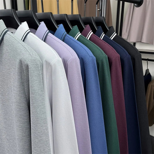 Men's 100% Cotton Long-Sleeve Polo Shirt - Light Purple Soft Knit  Breathable Business Casual Hexagon Pique Texture