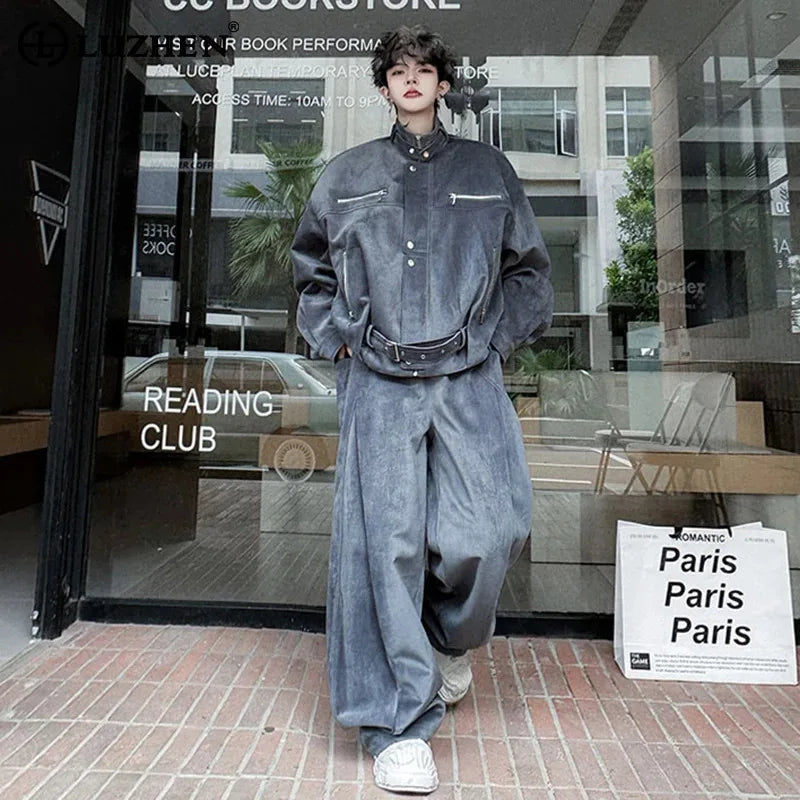 LUZHEN 2025 Winter Handsome Two-piece Sets Solid Color Streetwear Men Belt Decorate Stand Neck Jacket Baggy Casual Pants JY4852