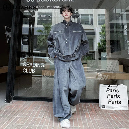 LUZHEN 2025 Winter Handsome Two-piece Sets Solid Color Streetwear Men Belt Decorate Stand Neck Jacket Baggy Casual Pants JY4852