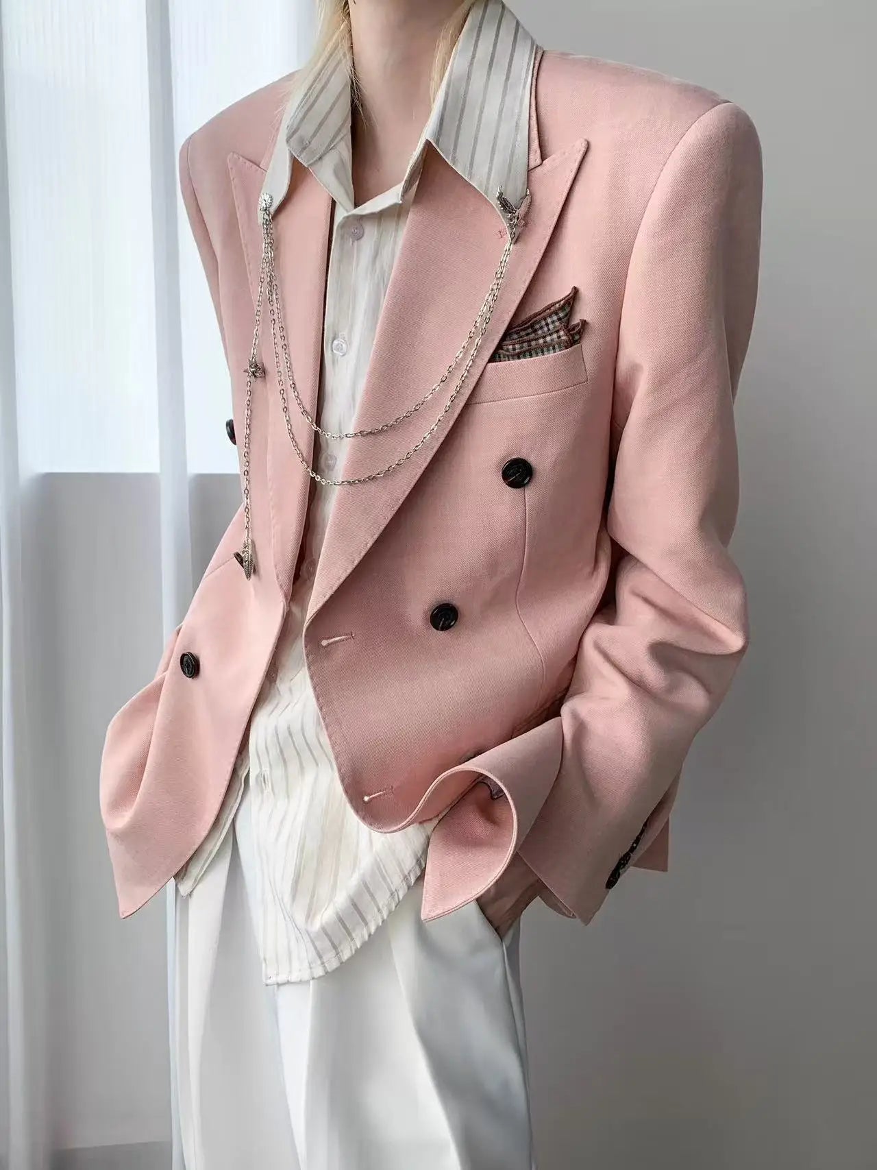 Korean Style Unisex Oversized Blazer Men Women Dusty Pink Casual Suit Jacket Streetwear Loose Office Party