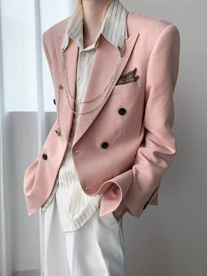 Korean Style Unisex Oversized Blazer Men Women Dusty Pink Casual Suit Jacket Streetwear Loose Office Party