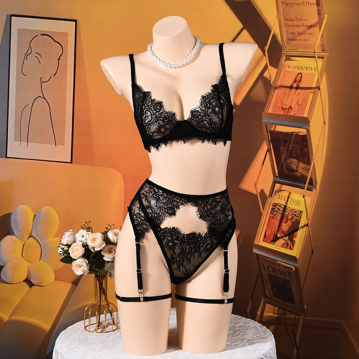 Ellolace Solid Lingeries Sexy Hot Elegant Bra Belt Thong 3PC with Leg Circles Cute Intimate Seductive Lace Tempted Underwear