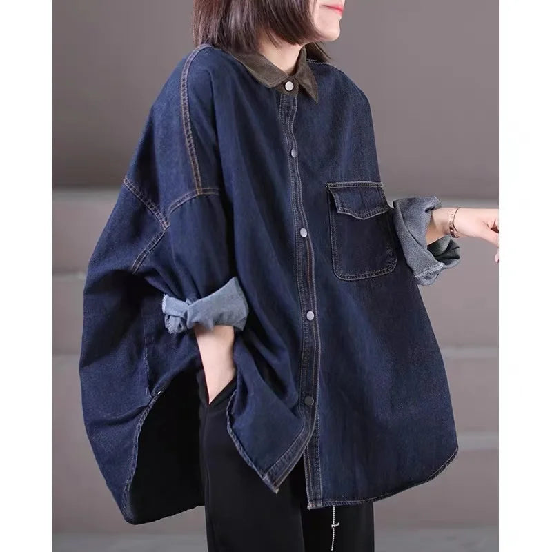 Loose Fit Women's Korean Style Corduroy Denim Shirt Jacket  Collar Splicing Oversize Outerwear Commute Fashion
