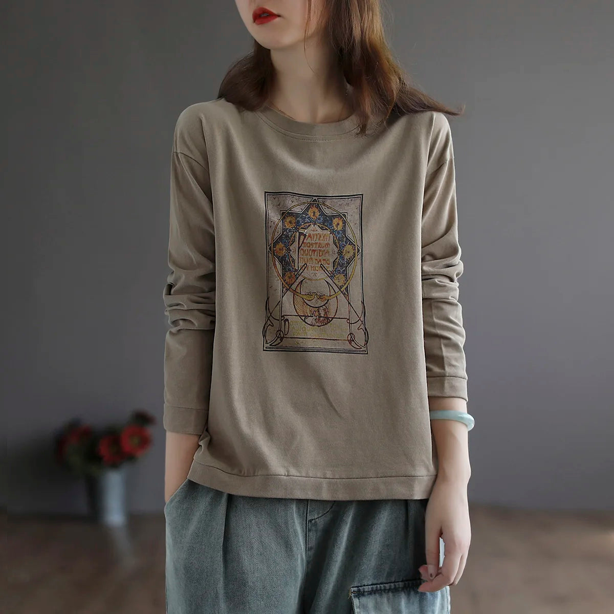 Retro Star Moon Pure Cotton Long Sleeve Pink Anti-Aging T-Shirt Women Loose Fashionable Spring Autumn Ladies Base Shirt Top