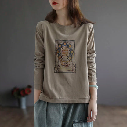 Retro Star Moon Pure Cotton Long Sleeve Pink Anti-Aging T-Shirt Women Loose Fashionable Spring Autumn Ladies Base Shirt Top