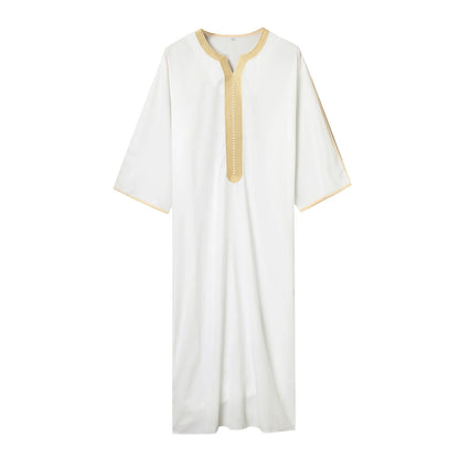 2023 New Muslim Robe Arabic National Costume Middle Sleeve Gold Embroidered Traditional Men's Robe (M-4XL)