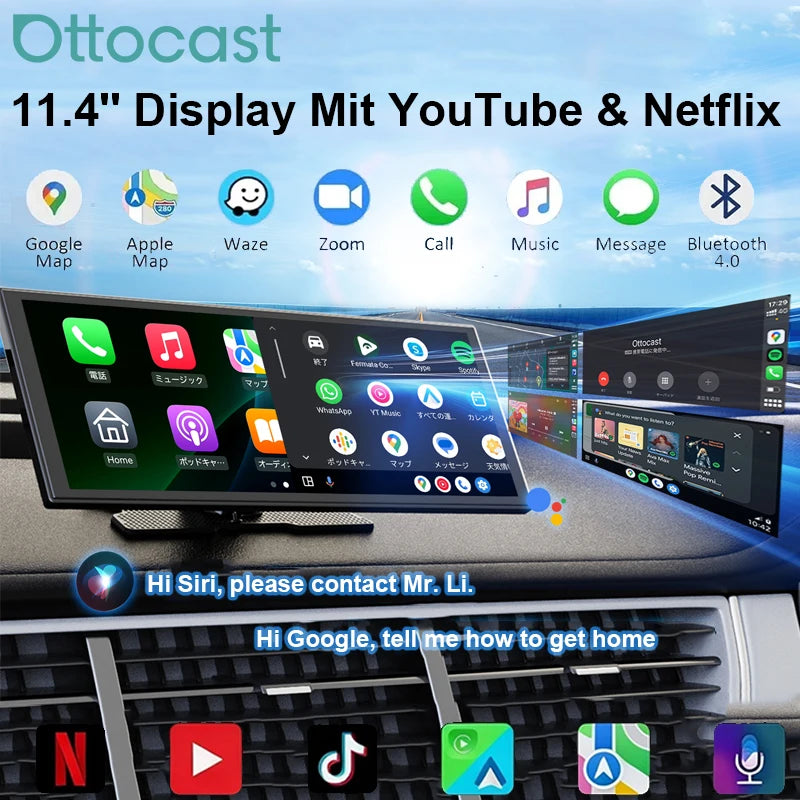 Ottocast Ai 11.4" Wireless Carplay Screen Android 15 Car Radio Multimedia Video Split-screen For Netflix YouTube Play Store
