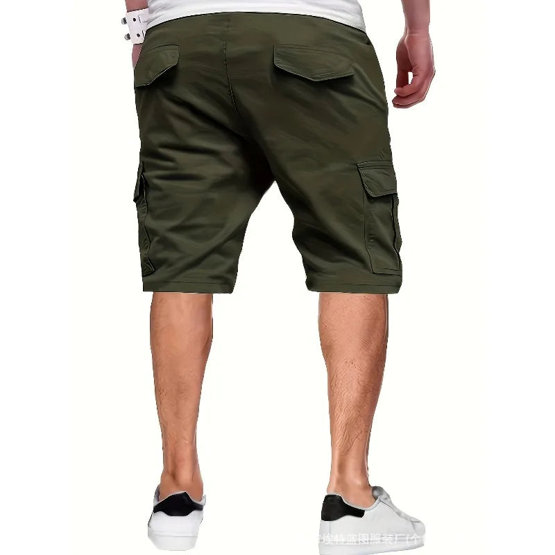 Men's Army Green Cargo Shorts Drawstring Waist Loose Fit Multi Pocket Shorts Men Summer Streetwear Casual Knee Shorts