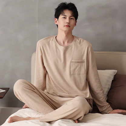 High Quality Autumn Men Pajamas Set Knited Cotton Casual Sleepwear Male Long Sleeve Pyjamas