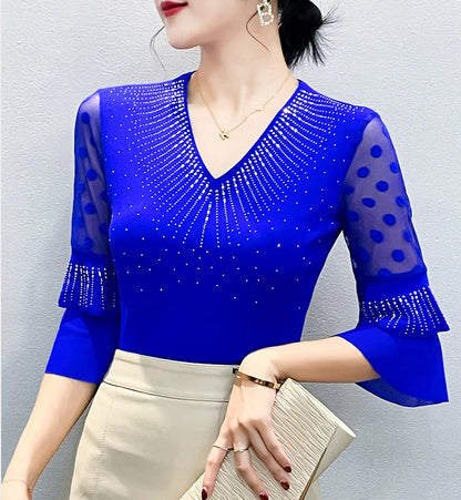 2026 Spring Summer Mesh Tops Korean Fashion Diamond T Shirt Slim 3/4 Sleeve Hollow Out Casual Women Shirt