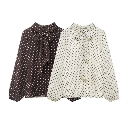Women's Dots Printed Blouse Shirt Spring Autumn Fashion Long Sleeve Bow Lace-Up Blouse Shirt Lady Elegant High Street Blouses