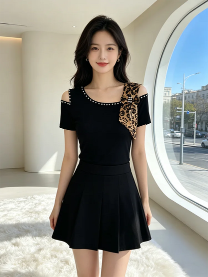Summer New Off Shoulder Short sleeved T-shirt Korean Fashion Diamond Tops Slim Style Bowknot Women Shirt