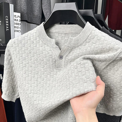 Textured Twisted Stripe Lightly Mature Henry Collar Knitted Short-sleeve T-shirt Men's Top 2026 Summer Casual T-shirt for Men