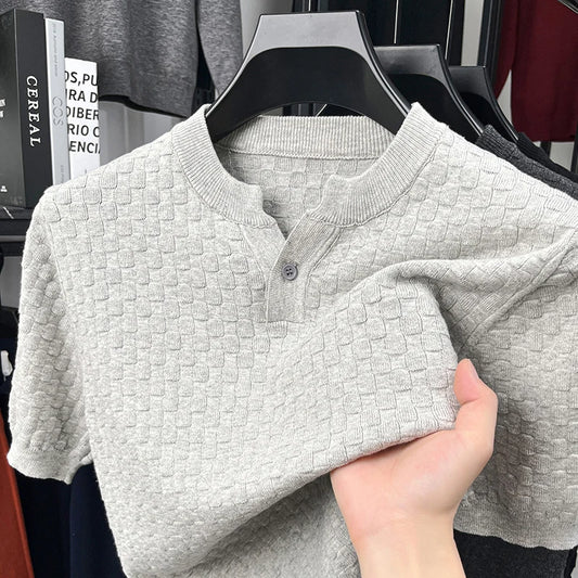 Textured Twisted Stripe Lightly Mature Henry Collar Knitted Short-sleeve T-shirt Men's Top 2026 Summer Casual T-shirt for Men