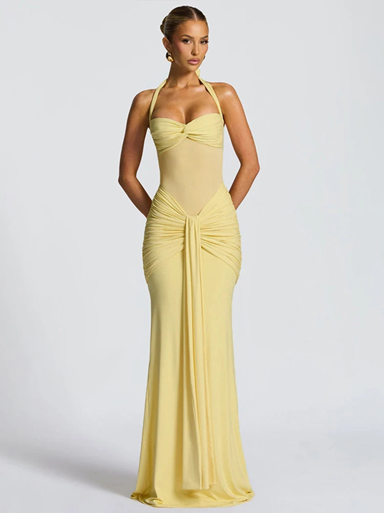 kliou Patchwork Elegant Women Maxi Dress Classic Sexy Sheer Ribbons Halter Backless Bodycon Female Trend Festival Evening Wear