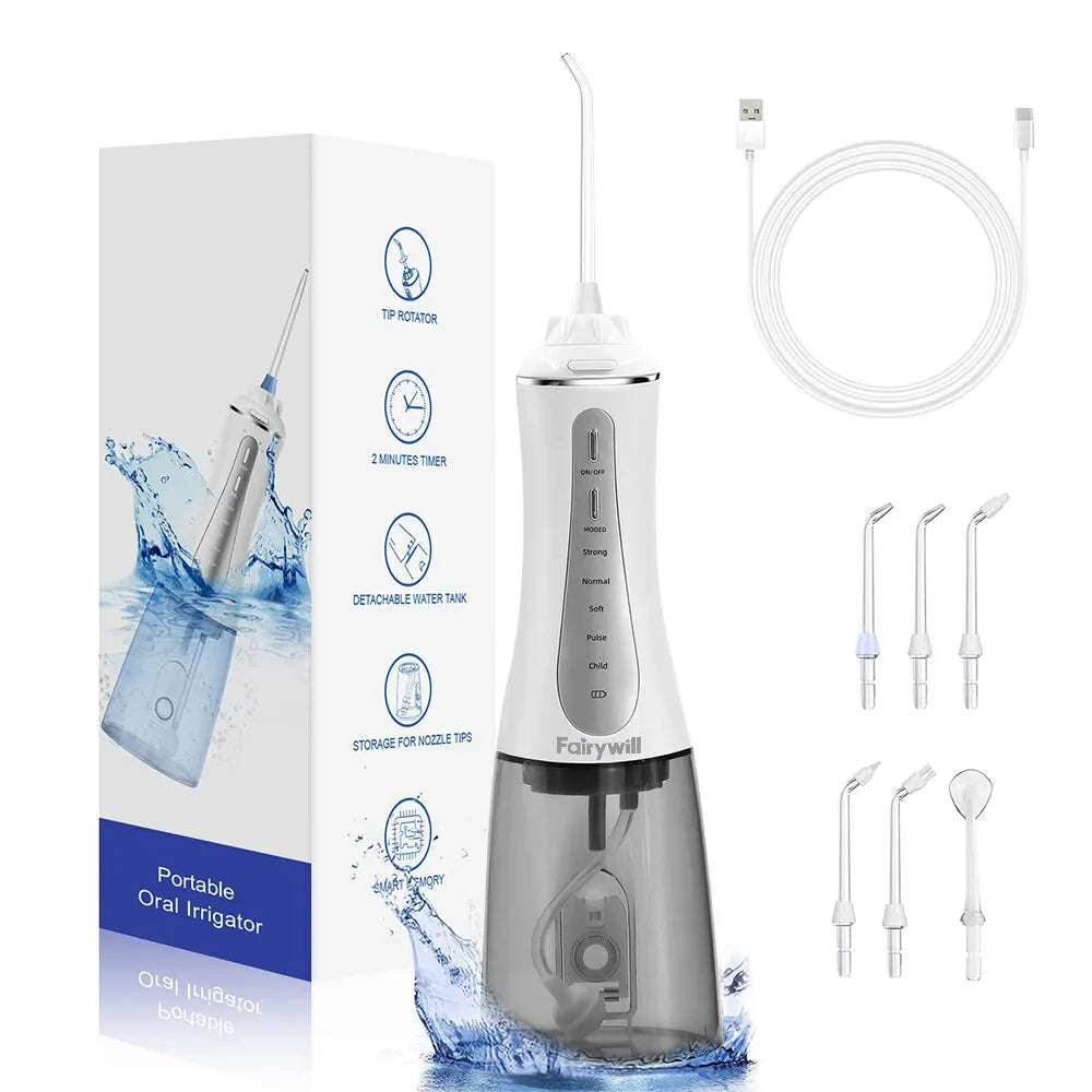 Oral Irrigator Fairywill Water Flosser 5 Modes Portable Dental Water Jet 350ML Water Tank Teeth Cleaner USB Charge Waterproof