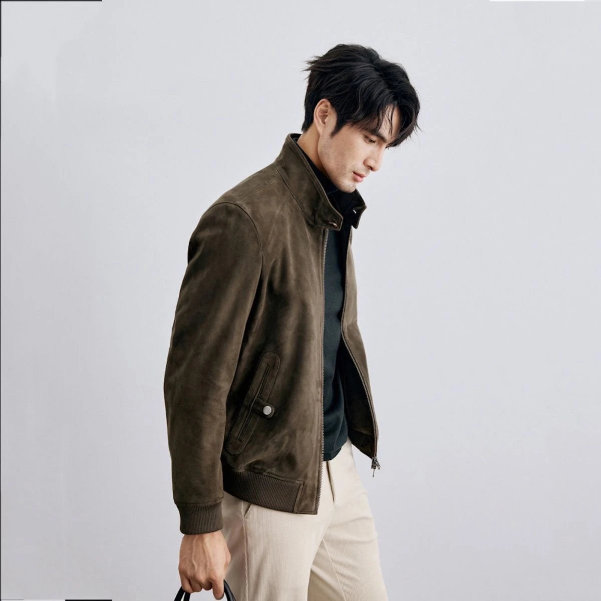 Tcyeek Real Sheepskin Autumn Winter High End Trendy Standing Collar Green Men's Genuine Leather Jacket Куртка Кожаная Мужская
