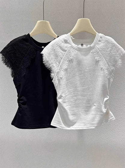 Retro Black Lace Mesh Short Sleeve Top Women Summer Fly Sleeve Short T-Shirt Outlet Store Printed Slim Fit Cotton Polyester