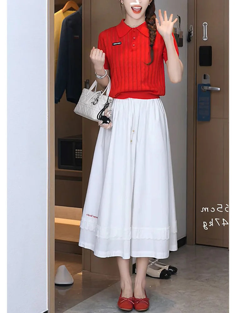 Red  Neck Knitted T-Shirt Women's Summer Style Short Sleeve White Color Loose Fit Casual Wear Polyester Blend Creative Pa...