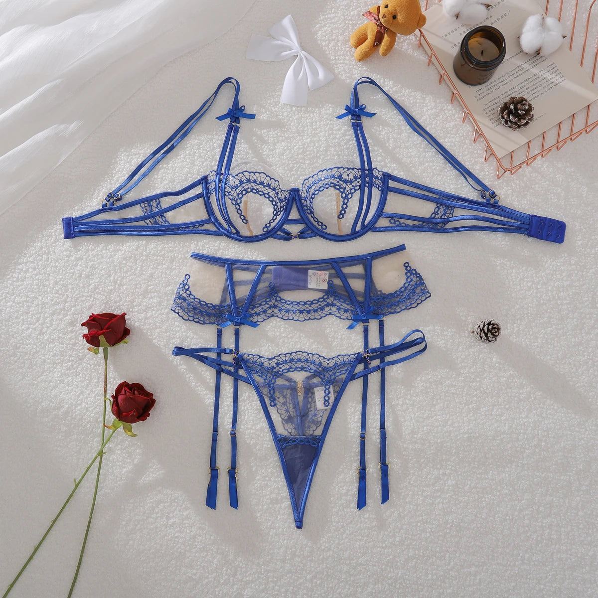 Cross border 2025 flower embroidery perspective shaping underwear set, steel ring gathering bra set, three piece set