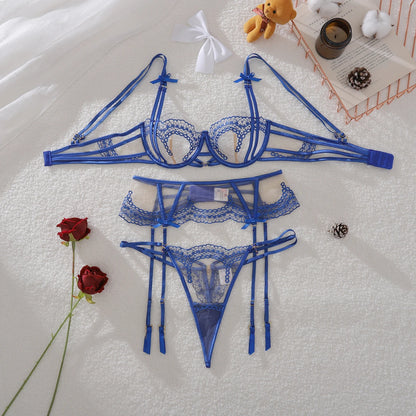 Cross border 2025 flower embroidery perspective shaping underwear set, steel ring gathering bra set, three piece set