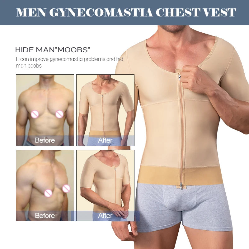 Men's Slimming Body Shaper Vest with Tummy Control Short Sleeve Post-Op Surgery Gynecomastia Lipo Faja Shapewear Top