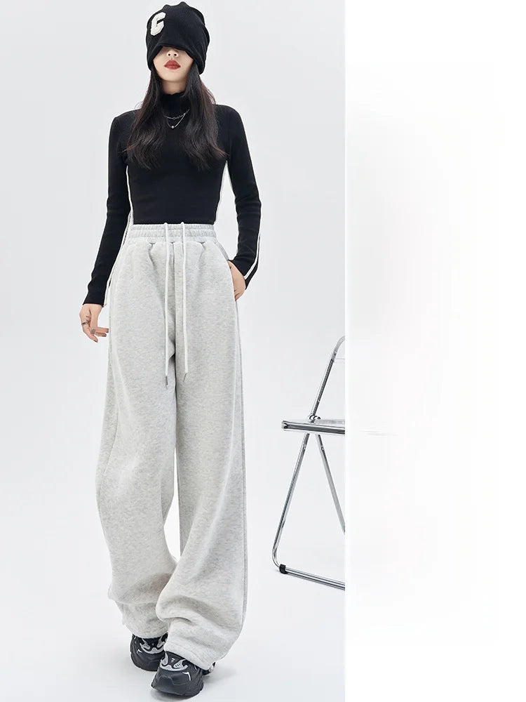 Gray Lamb Velvet Sport Pants Women's High Waist Drapey Fleece Wide Leg Casual Small Size Thickened Cotton Pants