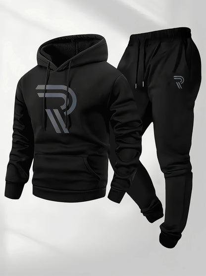 Men's Sporty Two-Piece Set Hoodie And Pants Gray Black Logo Non-Stretch Regular Fit with Pockets for Fall_Winter tracksuit men