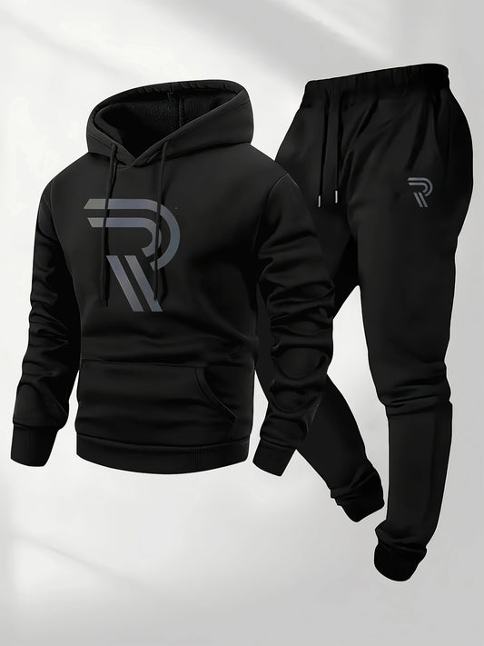 Men's Sporty Two-Piece Set Hoodie And Pants Gray Black Logo Non-Stretch Regular Fit with Pockets for Fall_Winter tracksuit men