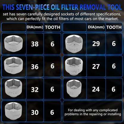 7-piece oil filter socket wrench set, 24mm to 38mm for Mercedes-Benz, BMW, VW, Audi, Boston and more