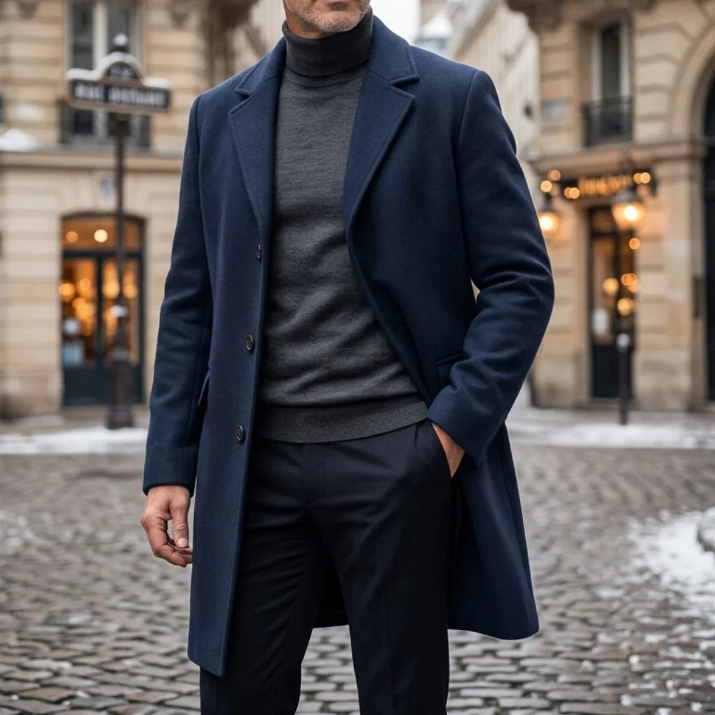 Winter Men's Wool Blend Trench Classic Single-Breasted Business Casual Outerwear Street Overknee Coat Windproof Lined Office
