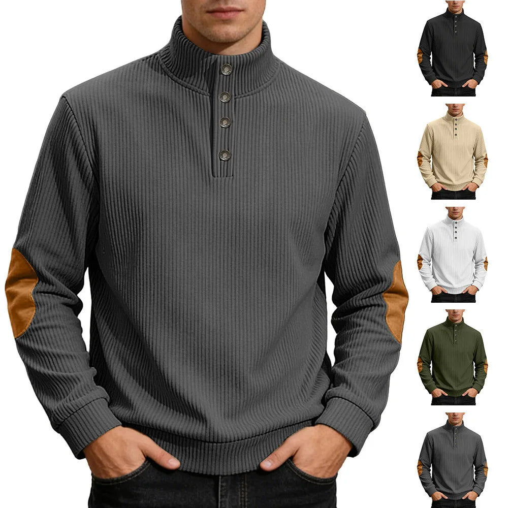 Men's Ribbed Henley Sweater Half Zip Pullover with Elbow Patches Stand Collar Long Sleeve Casual Retro Autumn Top