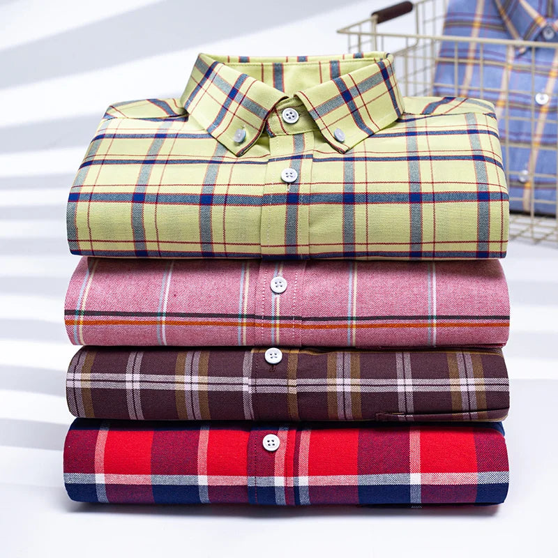 Classic Men's Long Sleeved Check Shirts 100% Oxford Cotton Casual Fashion Soft Plaid Stripe Solid Male Business Slim Fit Blouses