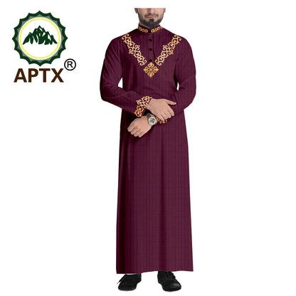 APTX Jacquard Mens Jubba Thobe Muslim Robe Long Sleeve Saudi Arab Kaftan Middle East Islamic Clothing T2014008