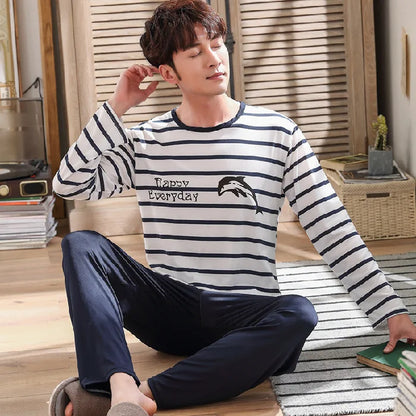 Spring and Autumn Long-Sleeved Long Pants Men's Pajamas Homewear Loose Casual Striped Nightwear Large Size Sleepwear Loungewear