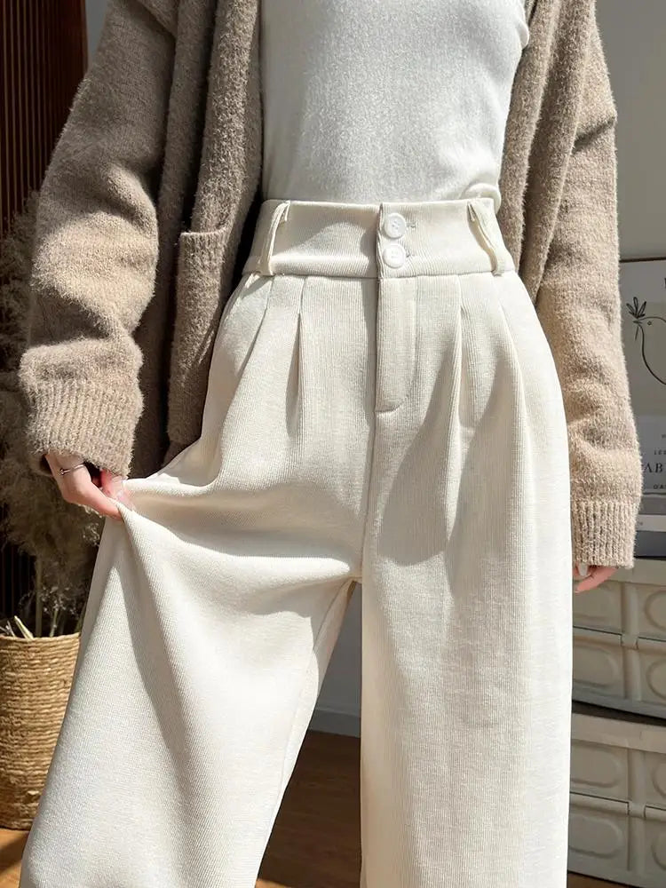 White Corduroy Wide Leg Pants Women's Autumn Winter Slim Straight Drapey Small Size Fleece Lined Suit Trousers